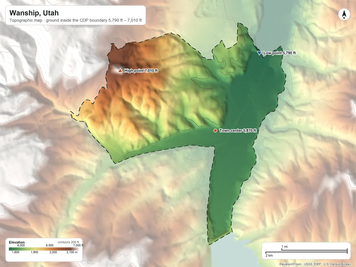 Topographic elevation map of Wanship, Utah, shaded from 5,790 ft on the northeast side to 7,010 ft at the foot of the The West Hills