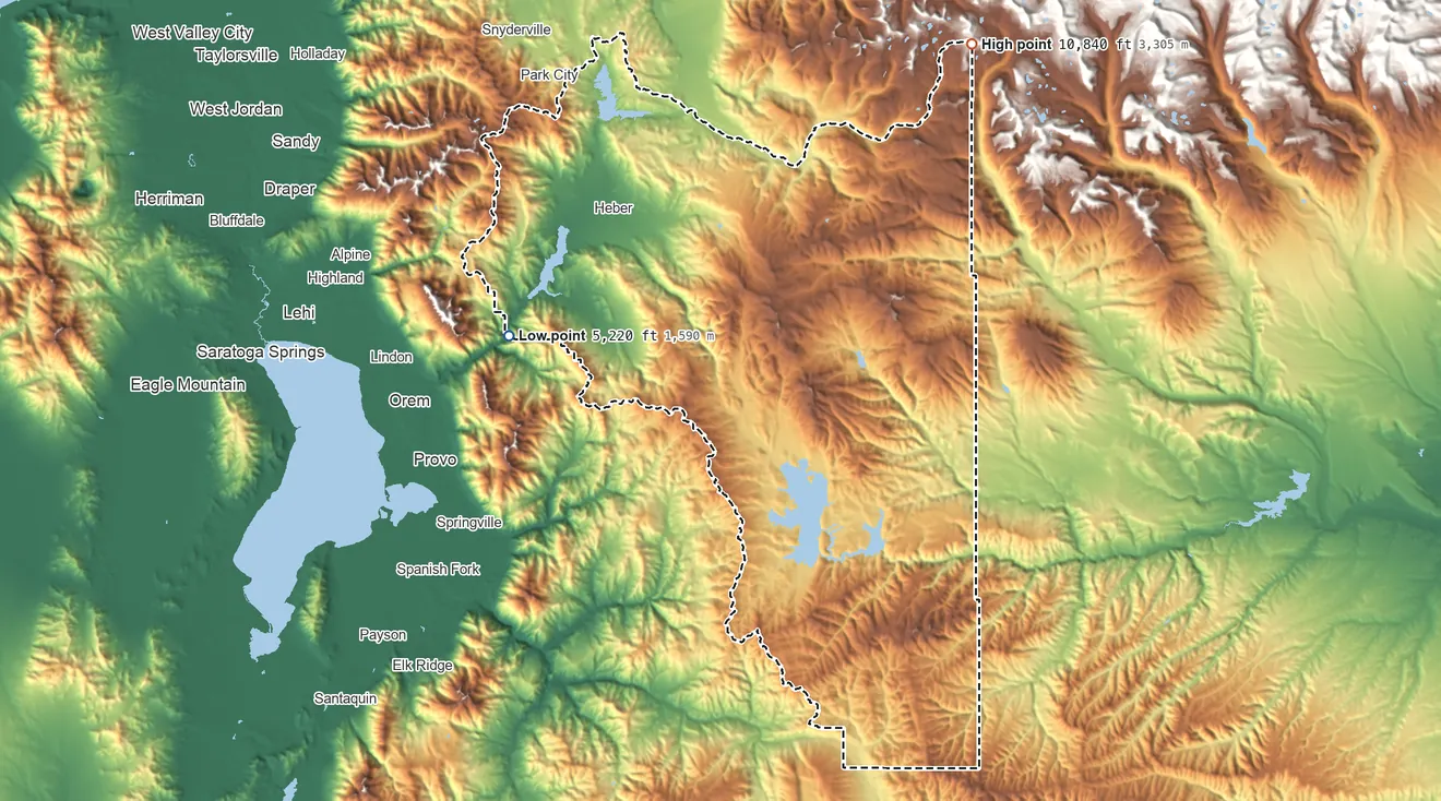 Topographic elevation map of Wasatch County, Utah, shaded from 5,220 ft on the west side to 10,840 ft on the northeast side