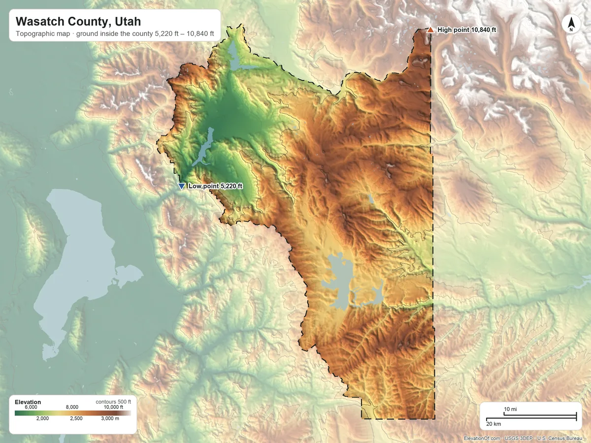 Topographic elevation map of Wasatch County, Utah, shaded from 5,220 ft on the west side to 10,840 ft on the northeast side