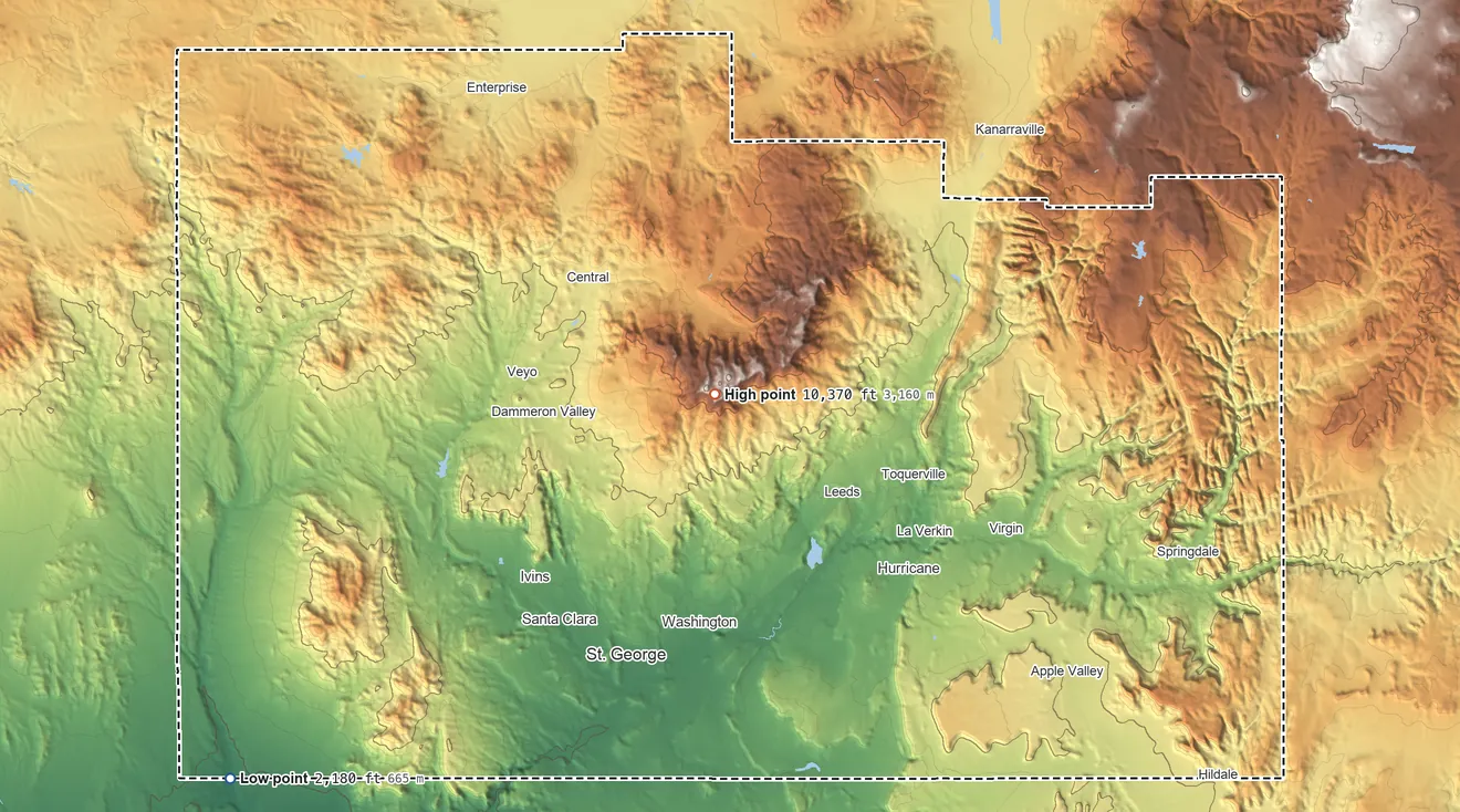 Topographic elevation map of Washington County, Utah, shaded from 2,180 ft on the southwest side to 10,370 ft on Signal Peak