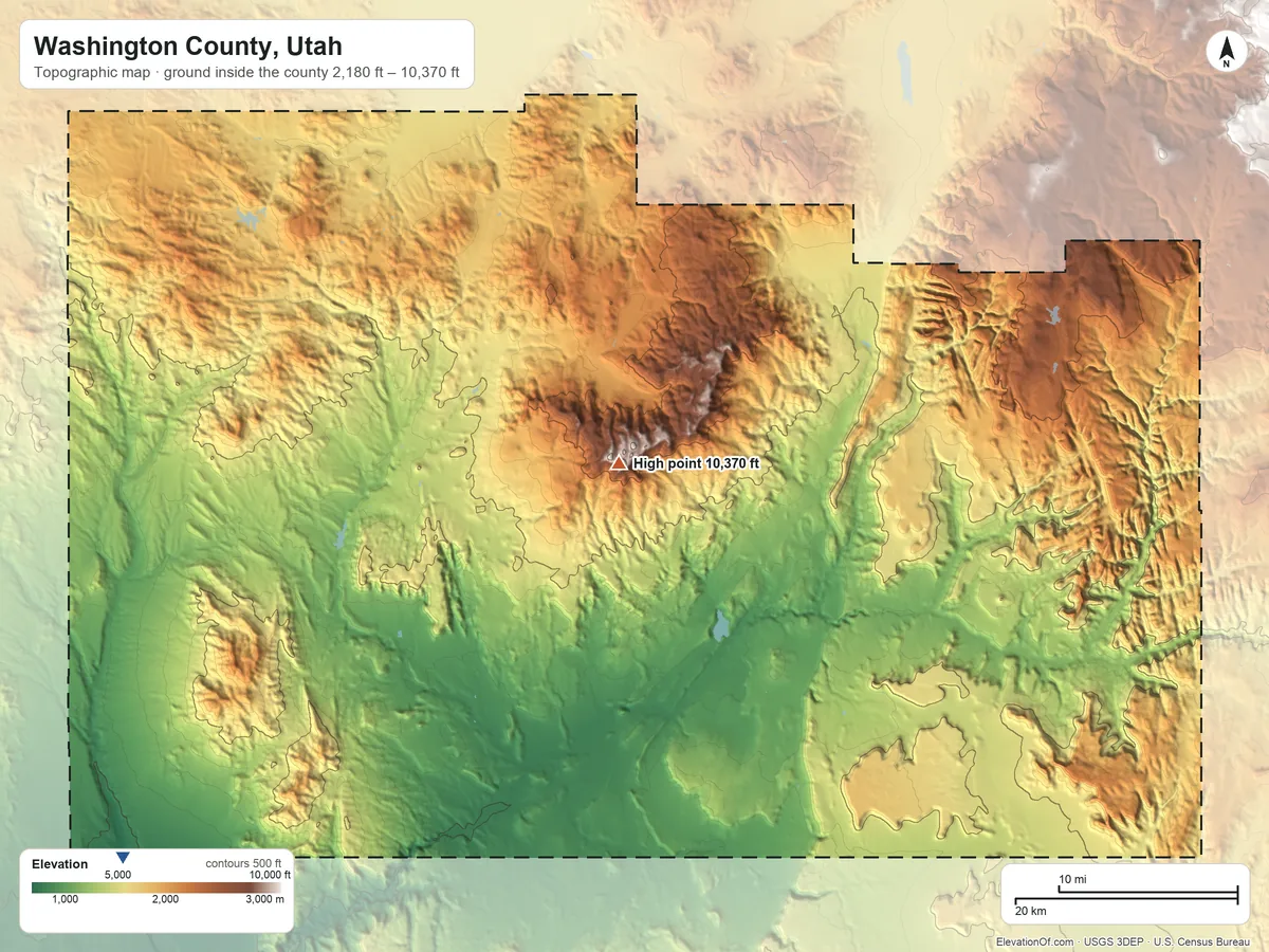 Topographic elevation map of Washington County, Utah, shaded from 2,180 ft on the southwest side to 10,370 ft on Signal Peak