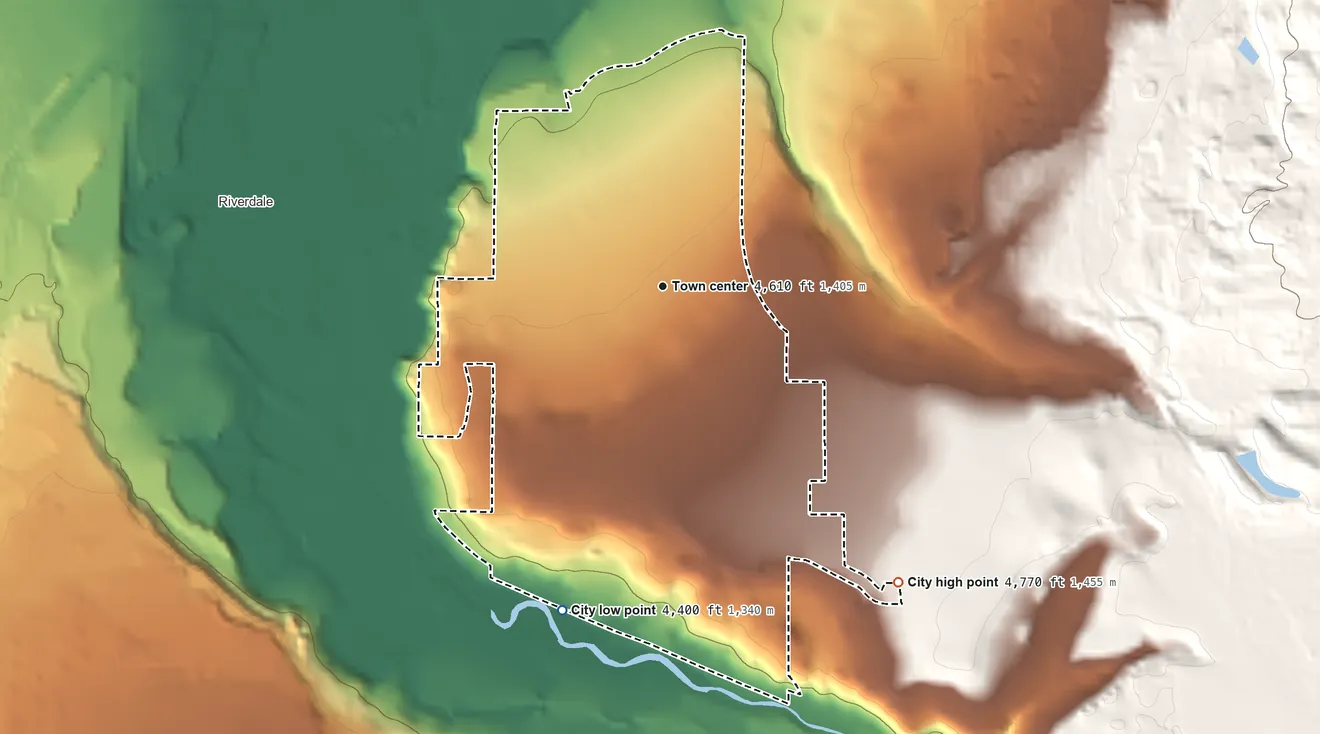 Topographic elevation map of Washington Terrace, Utah, shaded from 4,400 ft on the south side to 4,770 ft on the southeast side