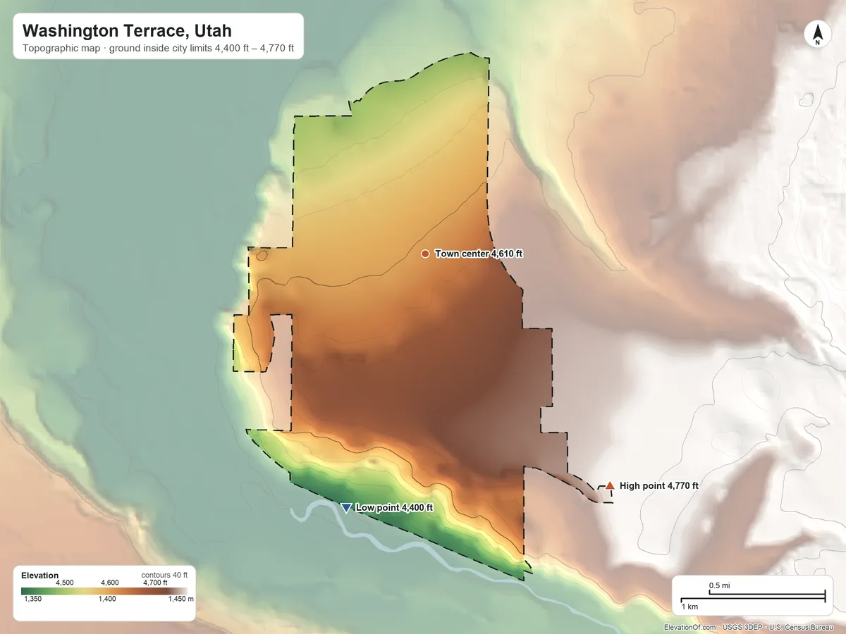 Topographic elevation map of Washington Terrace, Utah, shaded from 4,400 ft on the south side to 4,770 ft on the southeast side