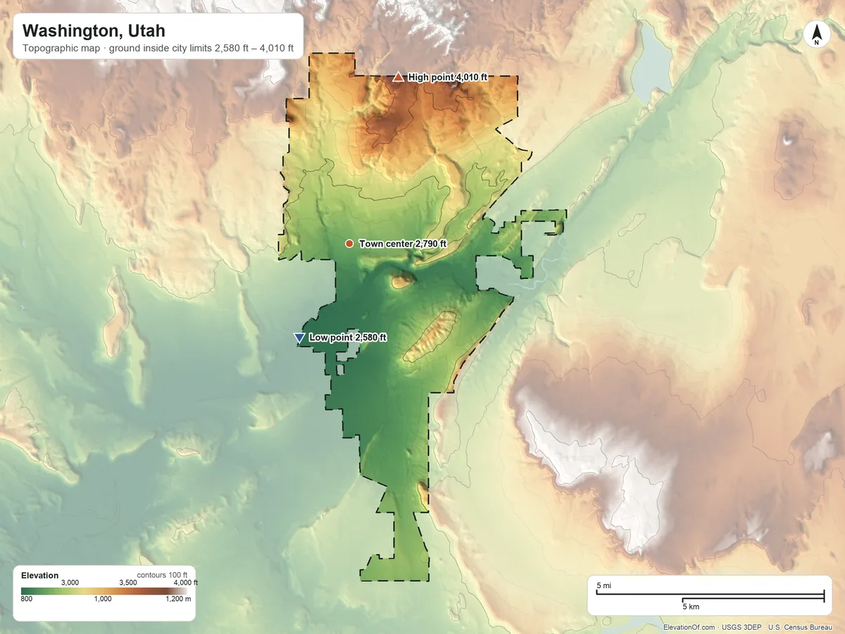 Topographic elevation map of Washington, Utah, shaded from 2,580 ft on the southwest side to 4,010 ft at the foot of the Pine Valley Mountains