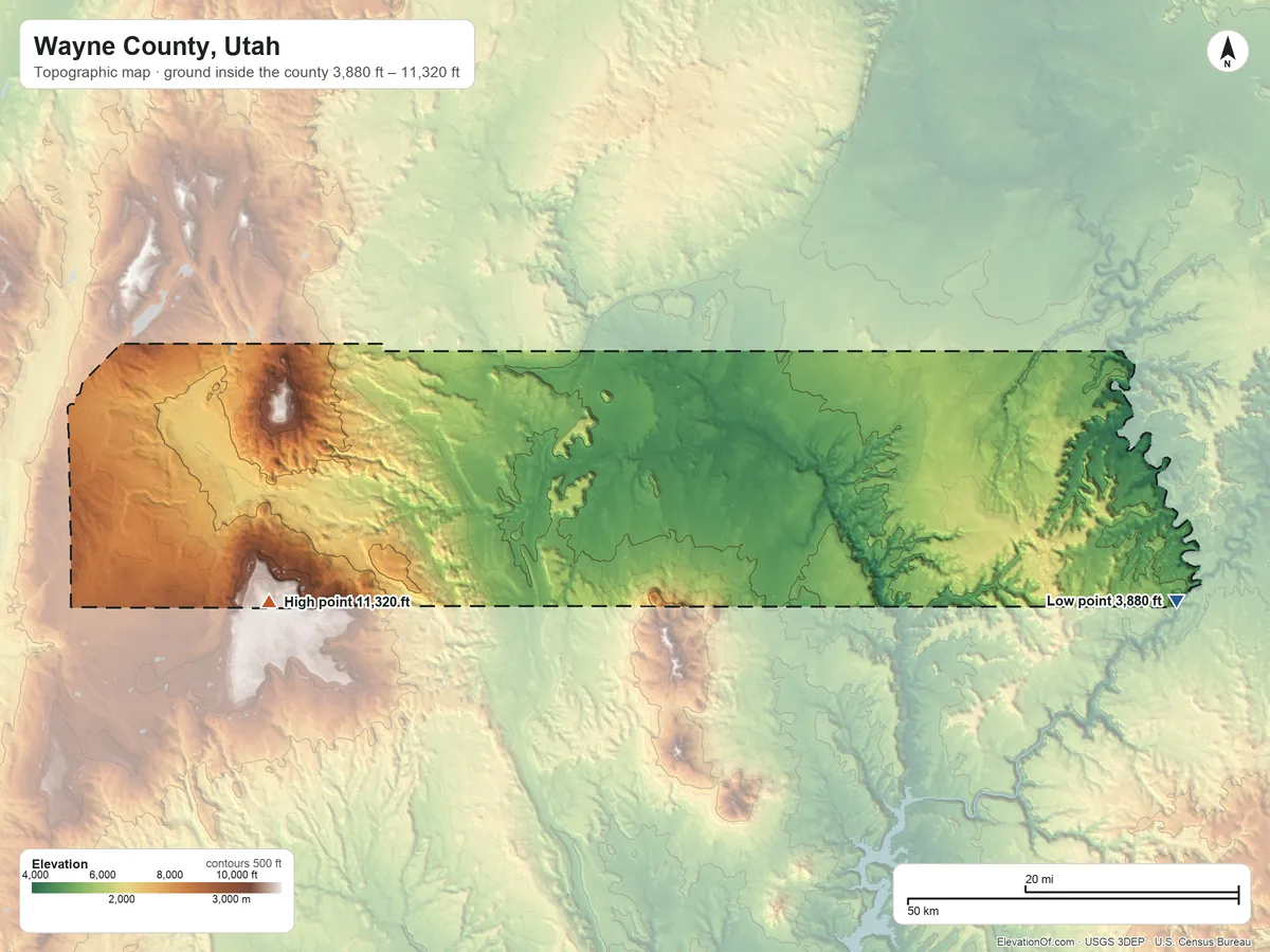 Topographic elevation map of Wayne County, Utah, shaded from 3,880 ft on the east side to 11,320 ft on Boulder Mountain