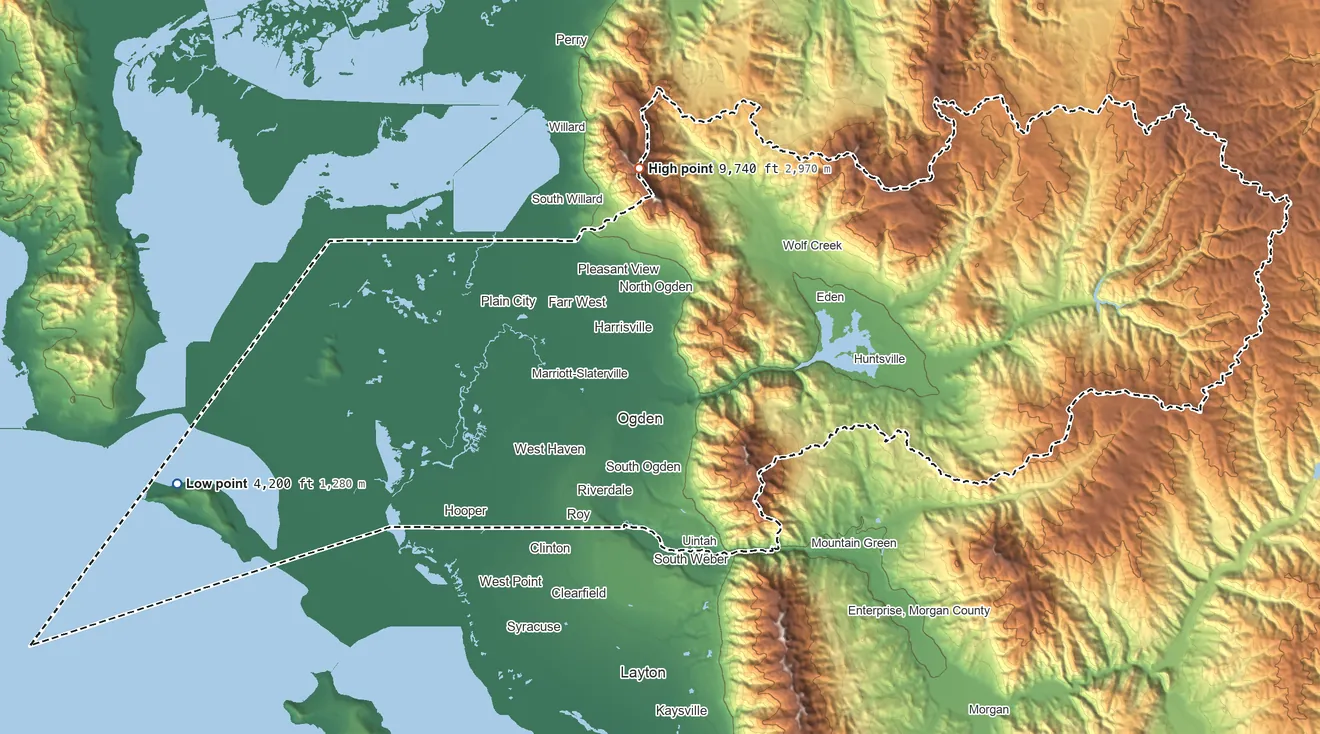 Topographic elevation map of Weber County, Utah, shaded from 4,200 ft on the west side to 9,740 ft on the north side
