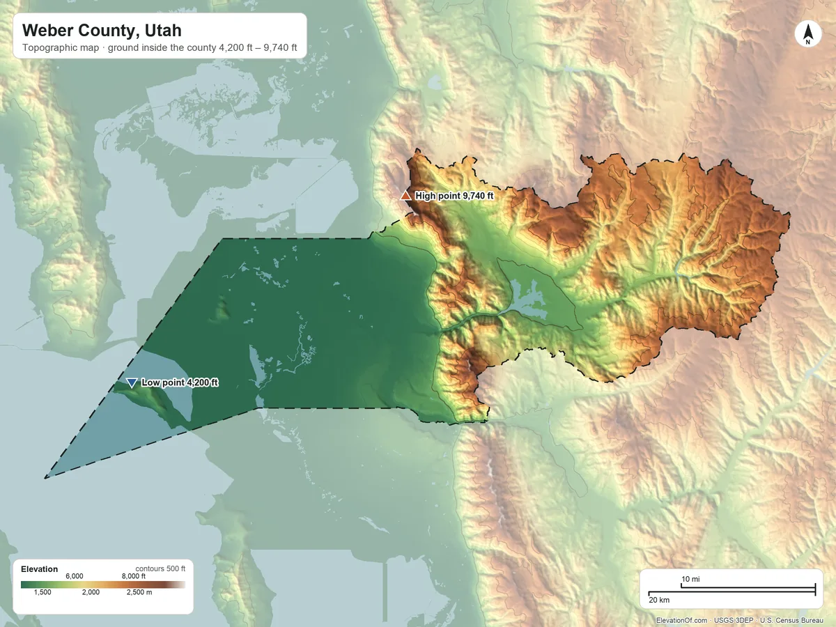 Topographic elevation map of Weber County, Utah, shaded from 4,200 ft on the west side to 9,740 ft on the north side