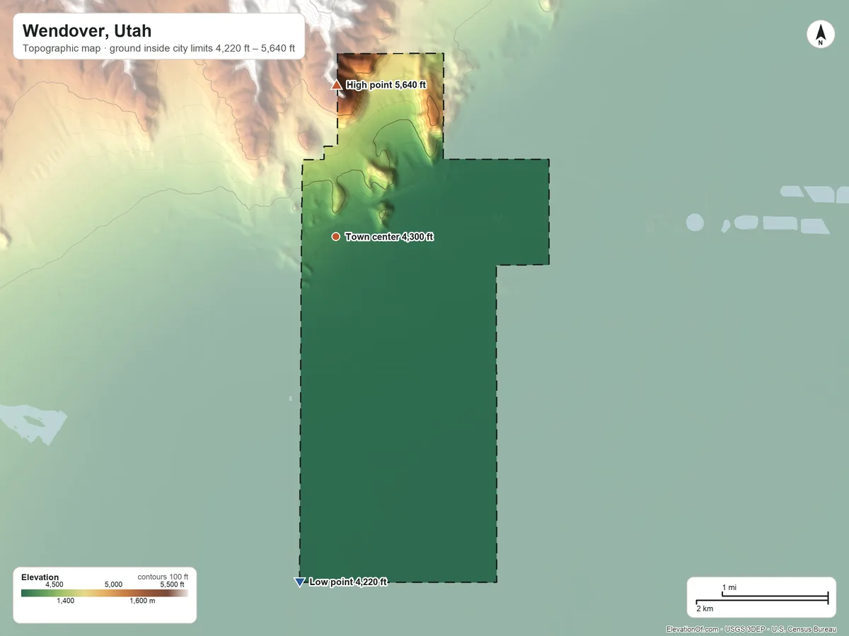 Topographic elevation map of Wendover, Utah, shaded from 4,220 ft on the south side to 5,640 ft on the north edge, below higher ground just outside