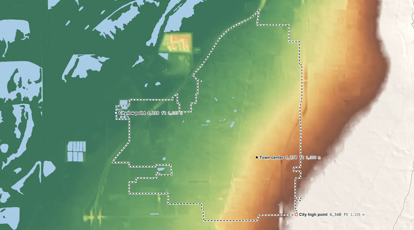 Topographic elevation map of West Bountiful, Utah, shaded from 4,210 ft on the west side to 4,340 ft at the foot of the Sessions Mountains