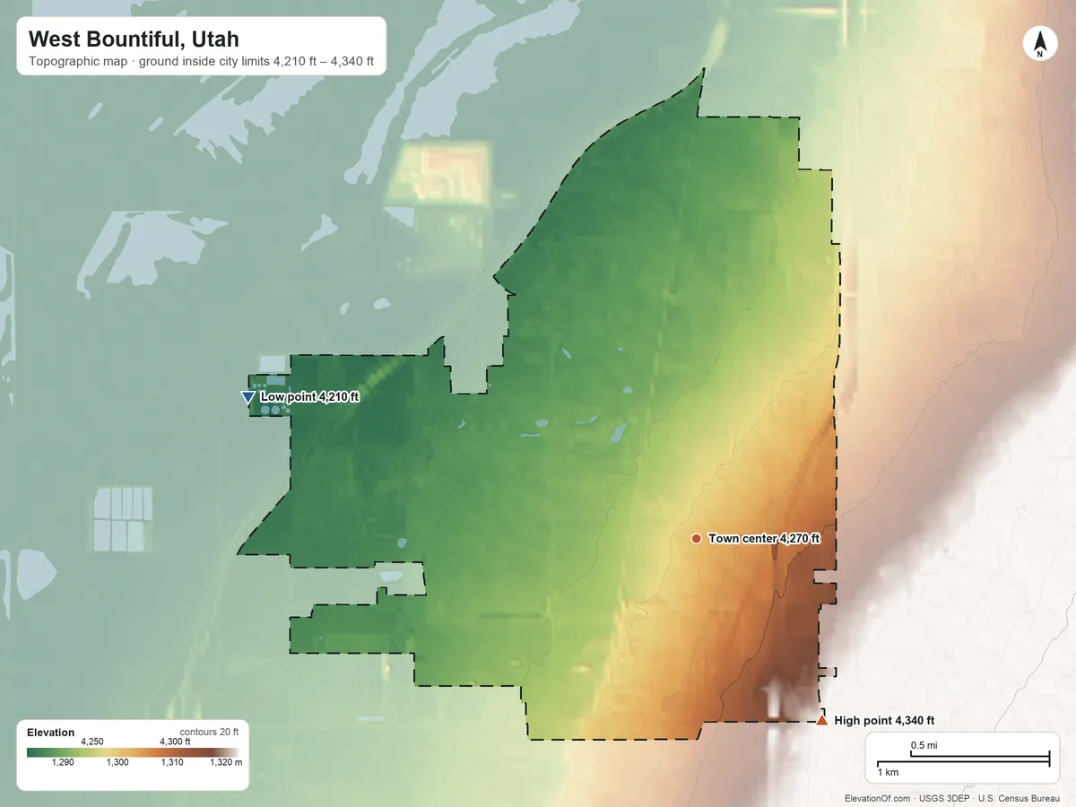 Topographic elevation map of West Bountiful, Utah, shaded from 4,210 ft on the west side to 4,340 ft at the foot of the Sessions Mountains