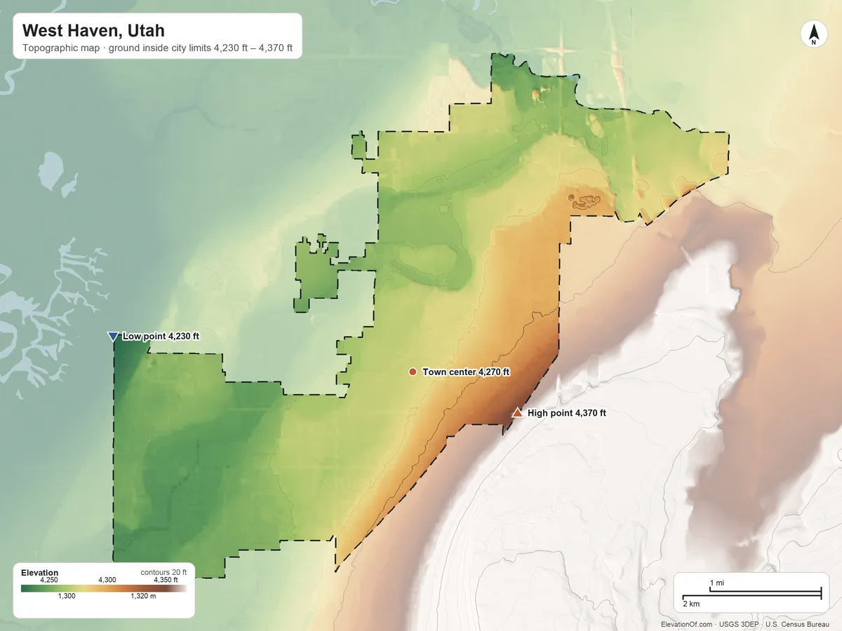 Topographic elevation map of West Haven, Utah, shaded from 4,230 ft on the west side to 4,370 ft on the east side