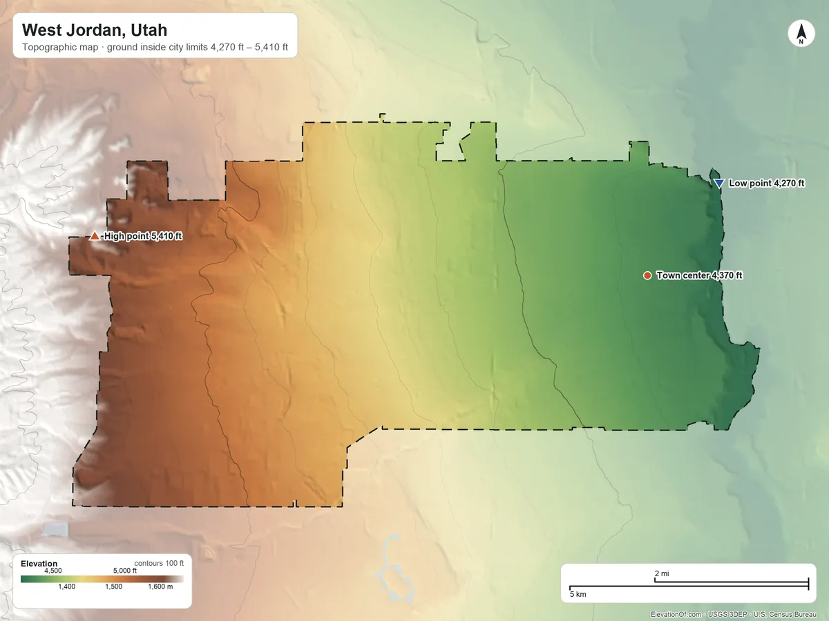 Topographic elevation map of West Jordan, Utah, shaded from 4,270 ft on the northeast side to 5,410 ft at the foot of the Traverse Mountains