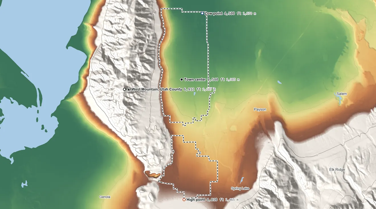 Topographic elevation map of West Mountain, Utah, shaded from 4,500 ft on the north side to 4,810 ft at the foot of the Wasatch Range
