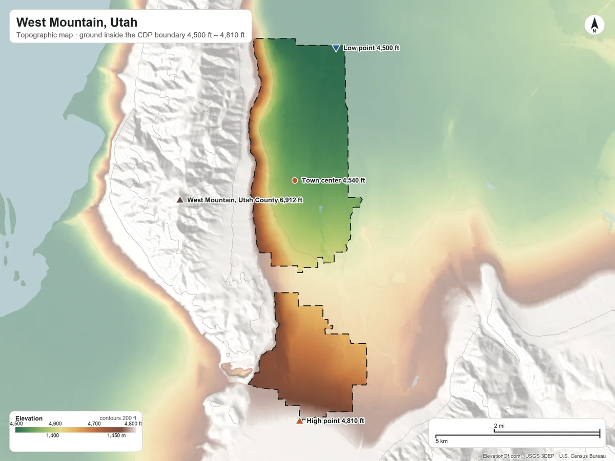 Topographic elevation map of West Mountain, Utah, shaded from 4,500 ft on the north side to 4,810 ft at the foot of the Wasatch Range
