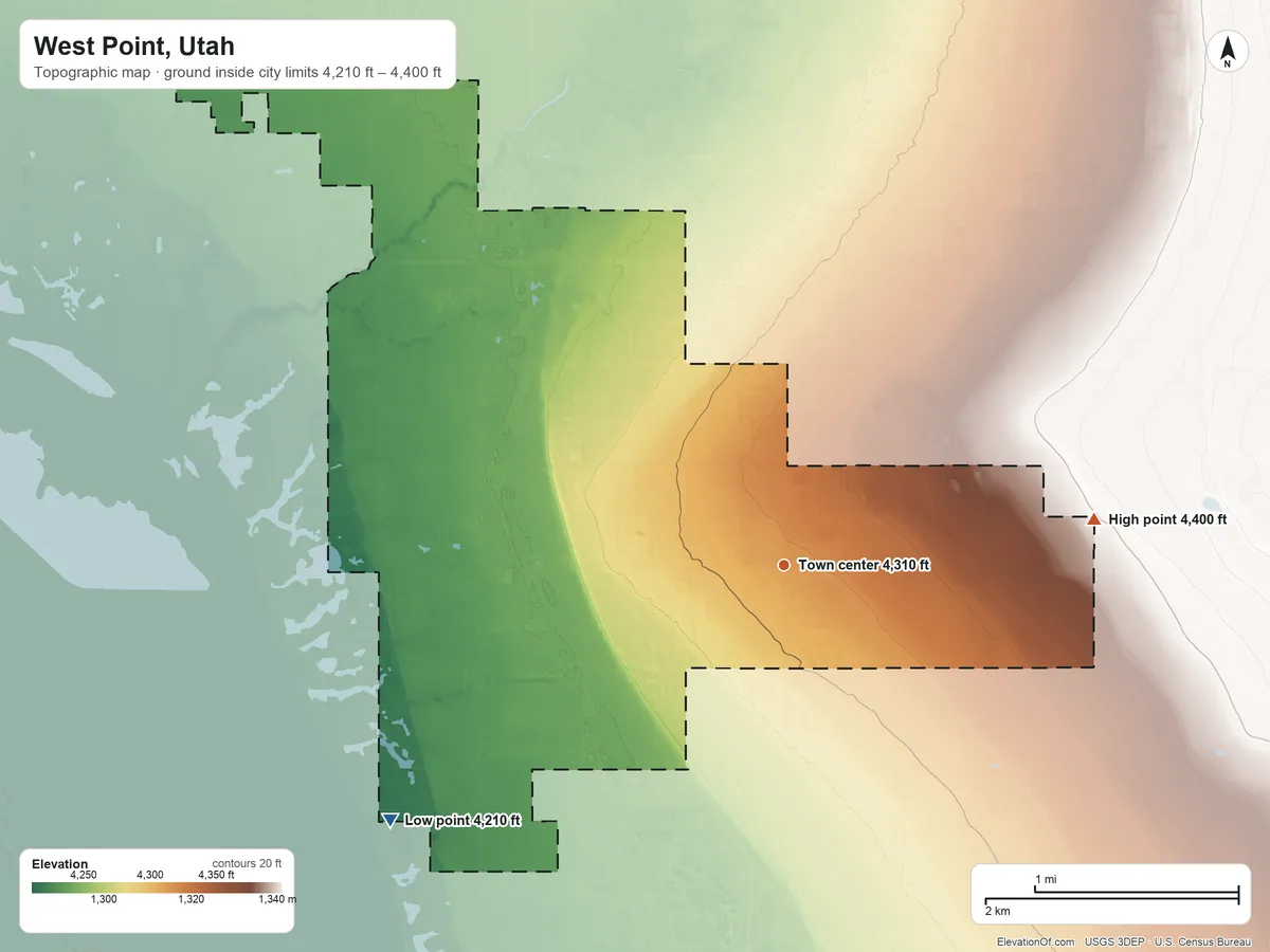 Topographic elevation map of West Point, Utah, shaded from 4,210 ft on the southwest side to 4,400 ft on the east side