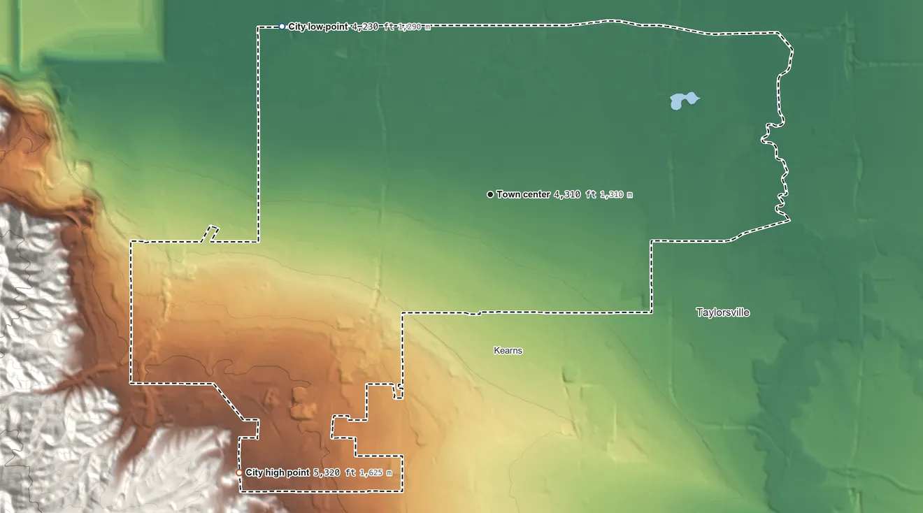 Topographic elevation map of West Valley City, Utah, shaded from 4,230 ft on the northwest side to 5,320 ft at the foot of the Traverse Mountains