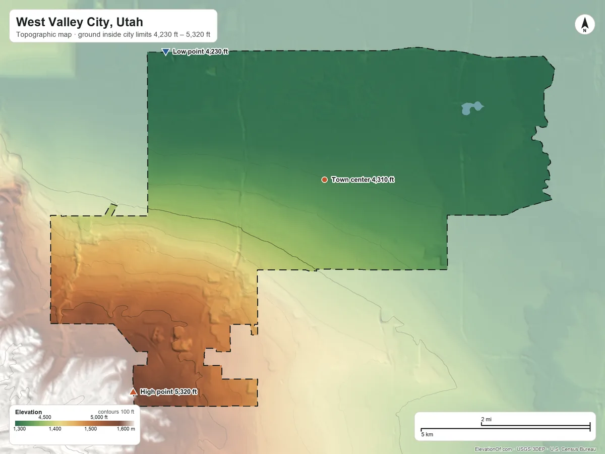 Topographic elevation map of West Valley City, Utah, shaded from 4,230 ft on the northwest side to 5,320 ft at the foot of the Traverse Mountains