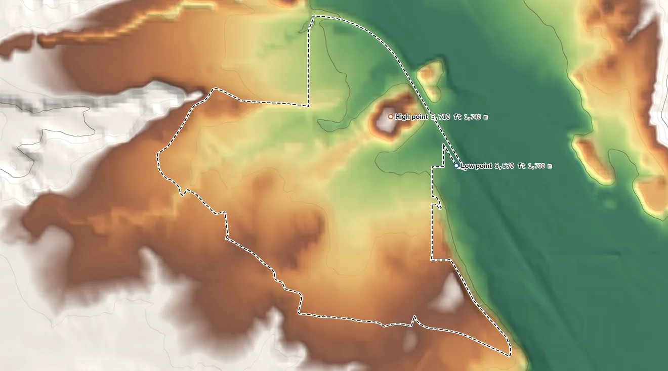 Topographic elevation map of West Wood, Utah, shaded from 5,570 ft on the east side to 5,710 ft on the northeast edge, below higher ground just outside