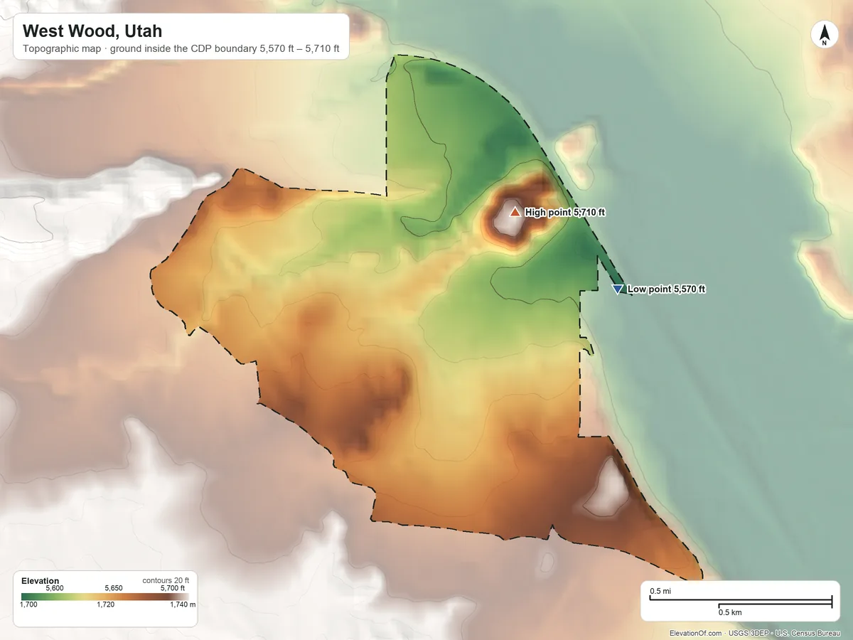 Topographic elevation map of West Wood, Utah, shaded from 5,570 ft on the east side to 5,710 ft on the northeast edge, below higher ground just outside