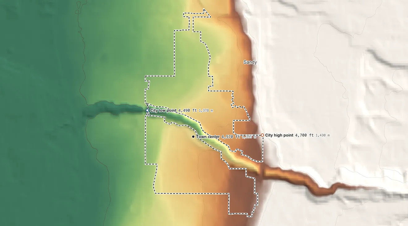 Topographic elevation map of White City, Utah, shaded from 4,490 ft on the northwest side to 4,700 ft at the foot of the Traverse Mountains