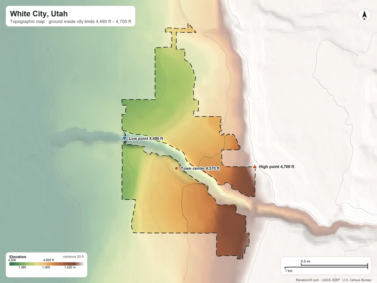 Topographic elevation map of White City, Utah, shaded from 4,490 ft on the northwest side to 4,700 ft at the foot of the Traverse Mountains