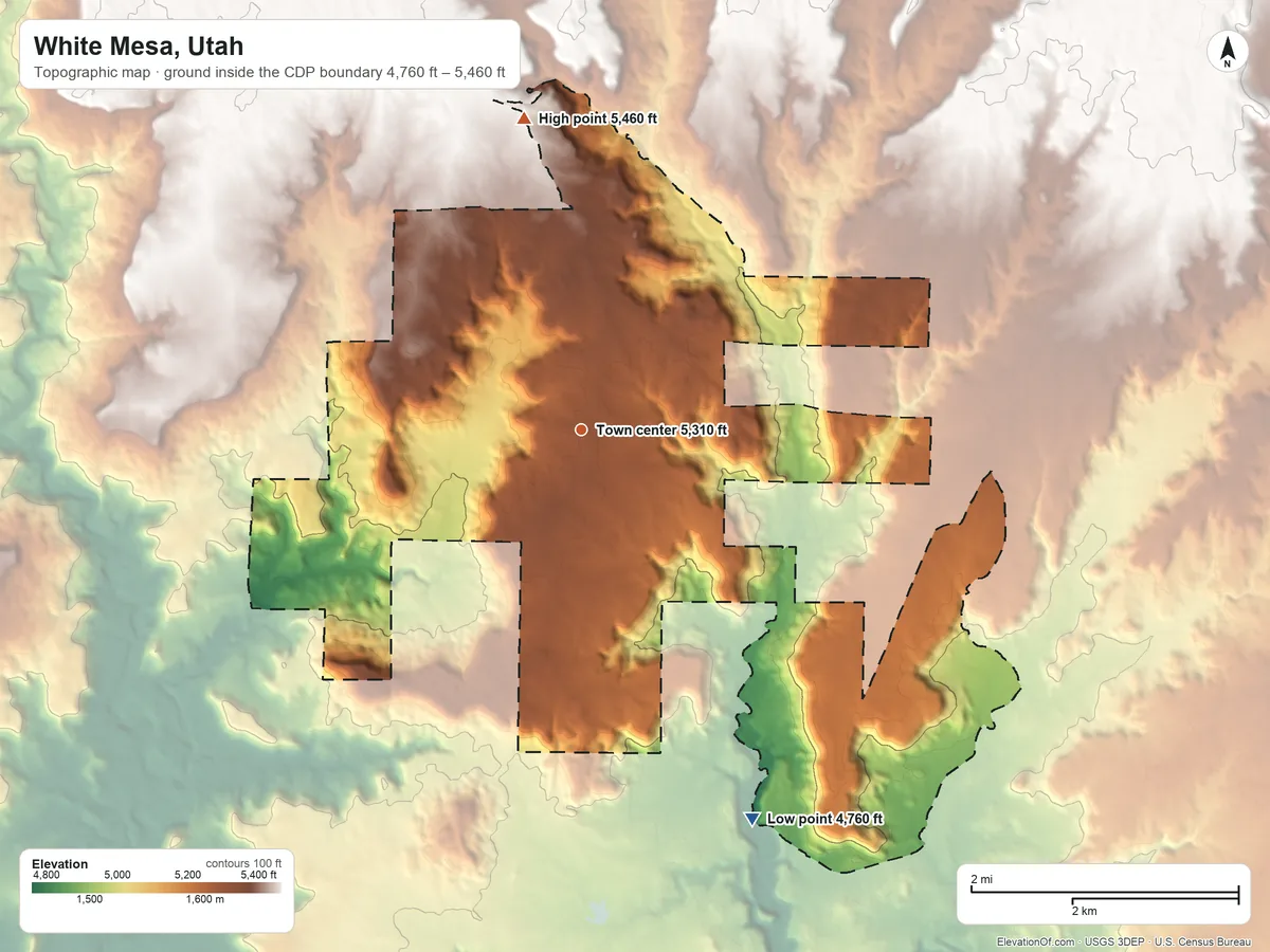 Topographic elevation map of White Mesa, Utah, shaded from 4,760 ft on the southeast side to 5,460 ft on the north side