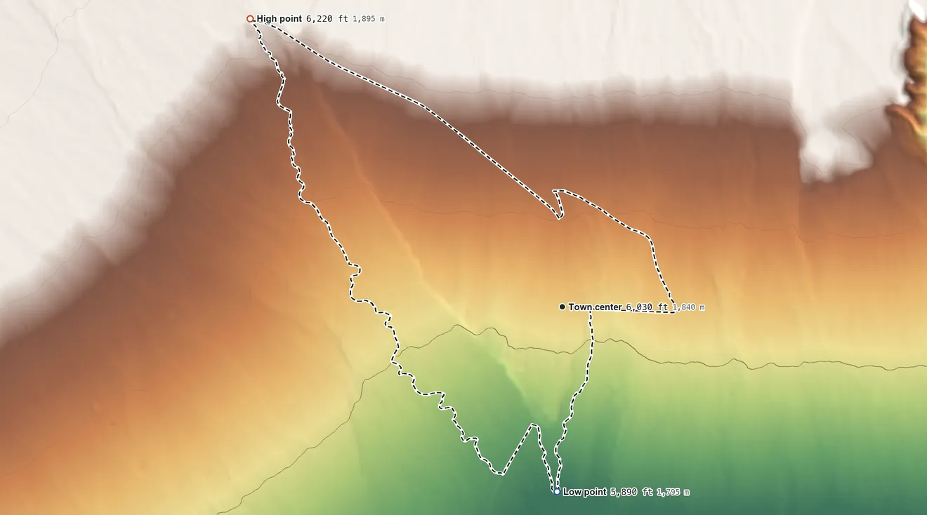Topographic elevation map of Whiterocks, Utah, shaded from 5,890 ft on the south side to 6,220 ft on the northwest edge, below higher ground just outside