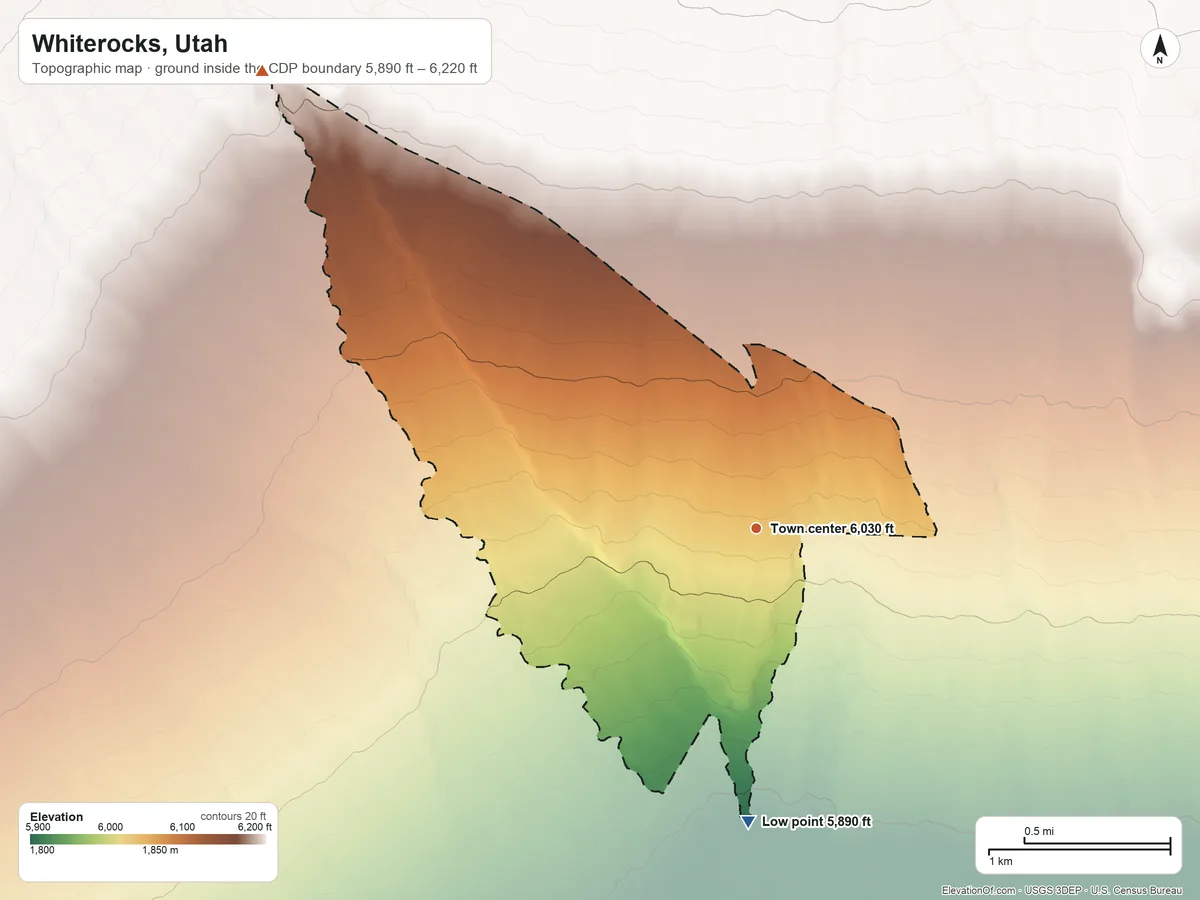 Topographic elevation map of Whiterocks, Utah, shaded from 5,890 ft on the south side to 6,220 ft on the northwest edge, below higher ground just outside