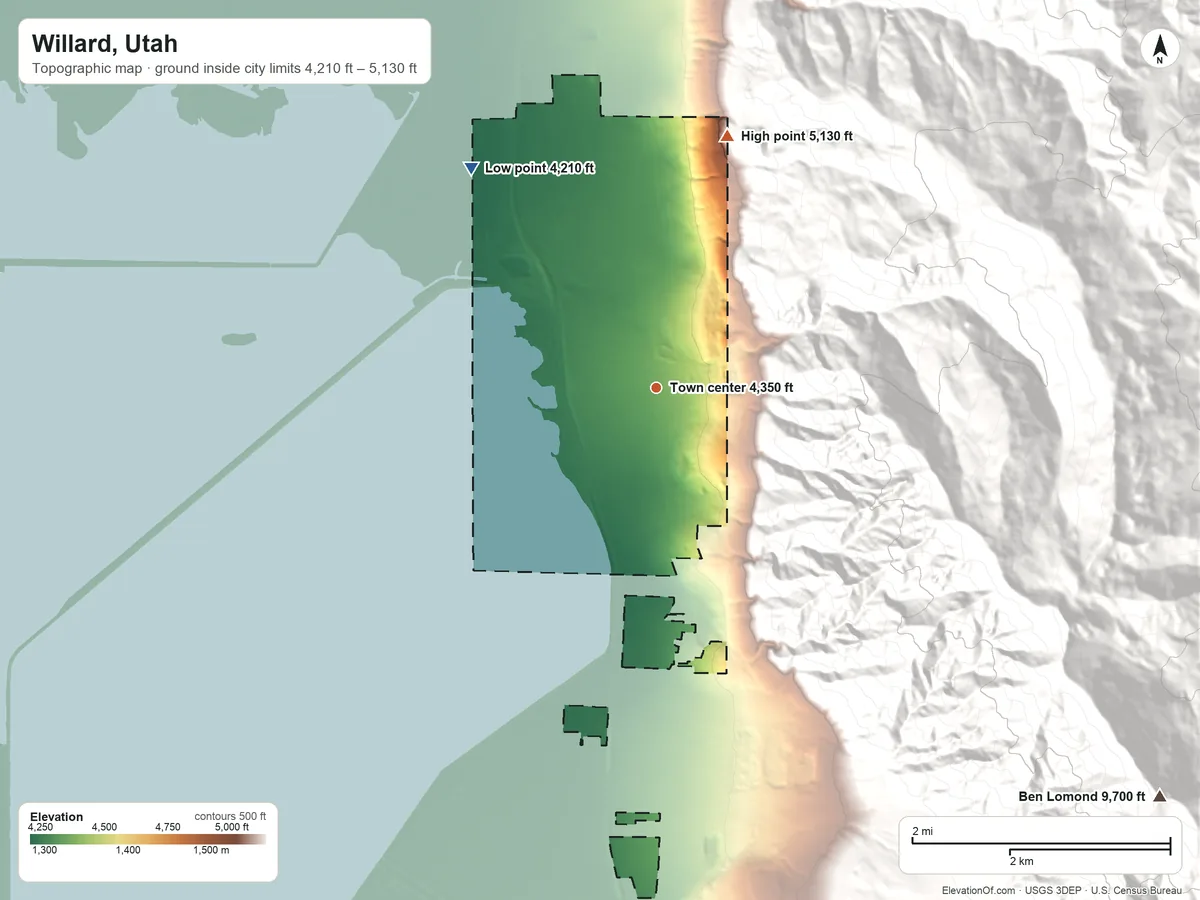 Topographic elevation map of Willard, Utah, shaded from 4,210 ft on the northwest side to 5,130 ft at the foot of the Wellsville Mountains