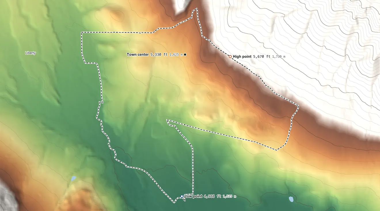Topographic elevation map of Wolf Creek, Utah, shaded from 4,980 ft on the south side to 5,670 ft on the east edge, below higher ground just outside