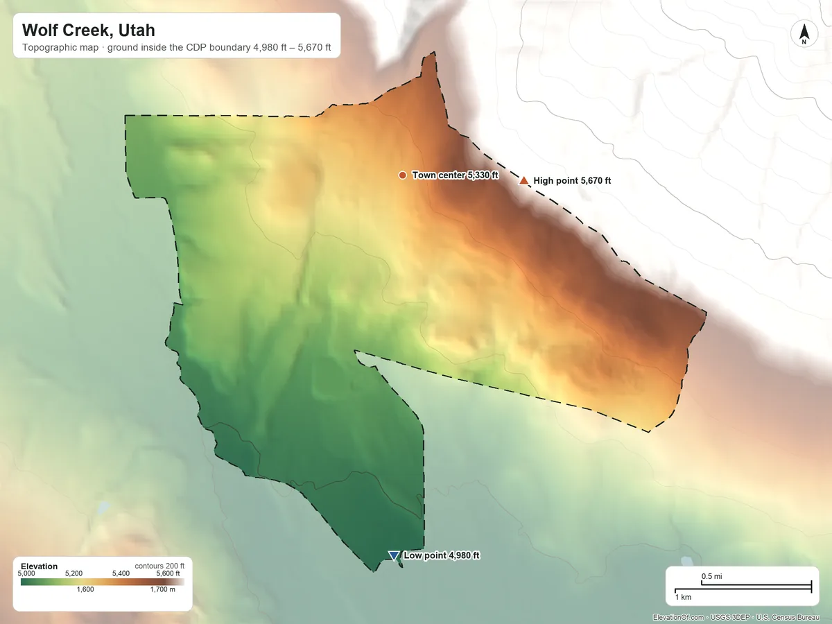 Topographic elevation map of Wolf Creek, Utah, shaded from 4,980 ft on the south side to 5,670 ft on the east edge, below higher ground just outside