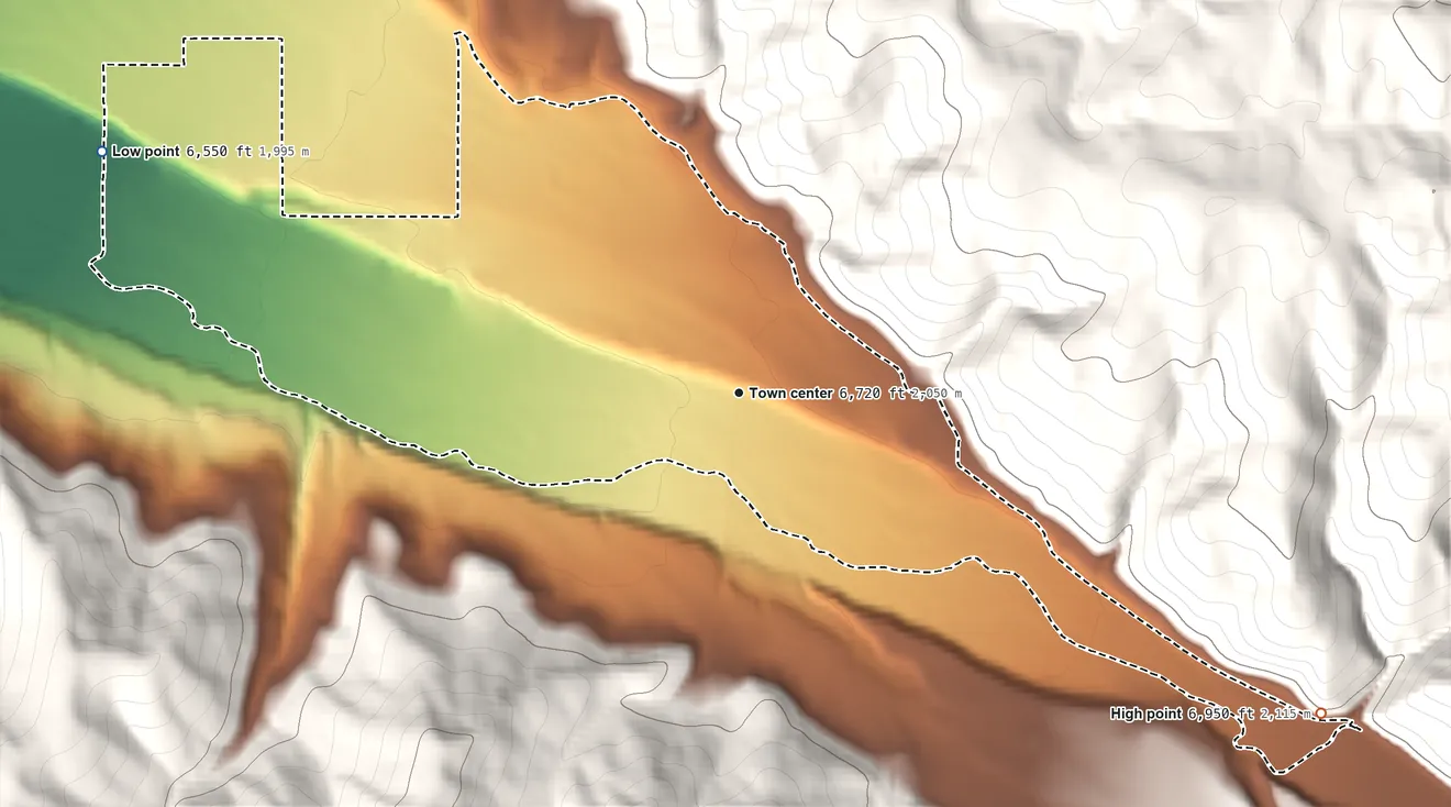 Topographic elevation map of Woodland, Utah, shaded from 6,550 ft on the west side to 6,950 ft at the foot of the The West Hills