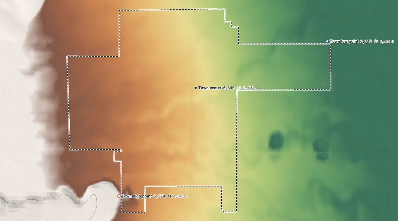 Topographic elevation map of Woodruff, Utah, shaded from 6,320 ft on the east side to 6,370 ft on the southwest side