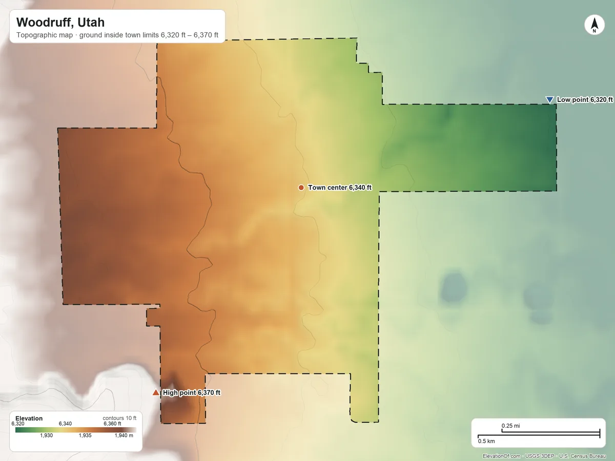 Topographic elevation map of Woodruff, Utah, shaded from 6,320 ft on the east side to 6,370 ft on the southwest side