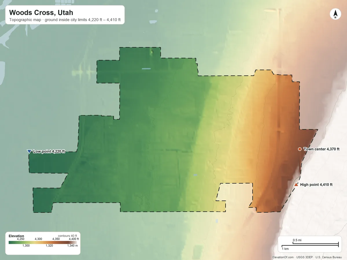 Topographic elevation map of Woods Cross, Utah, shaded from 4,220 ft on the west side to 4,410 ft at the foot of the Sessions Mountains