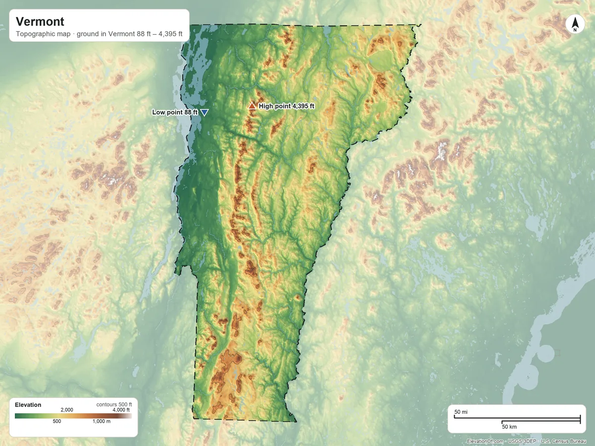 Topographic elevation map of Vermont, shaded from 88 ft on the northwest side to 4,395 ft on Mount Mansfield