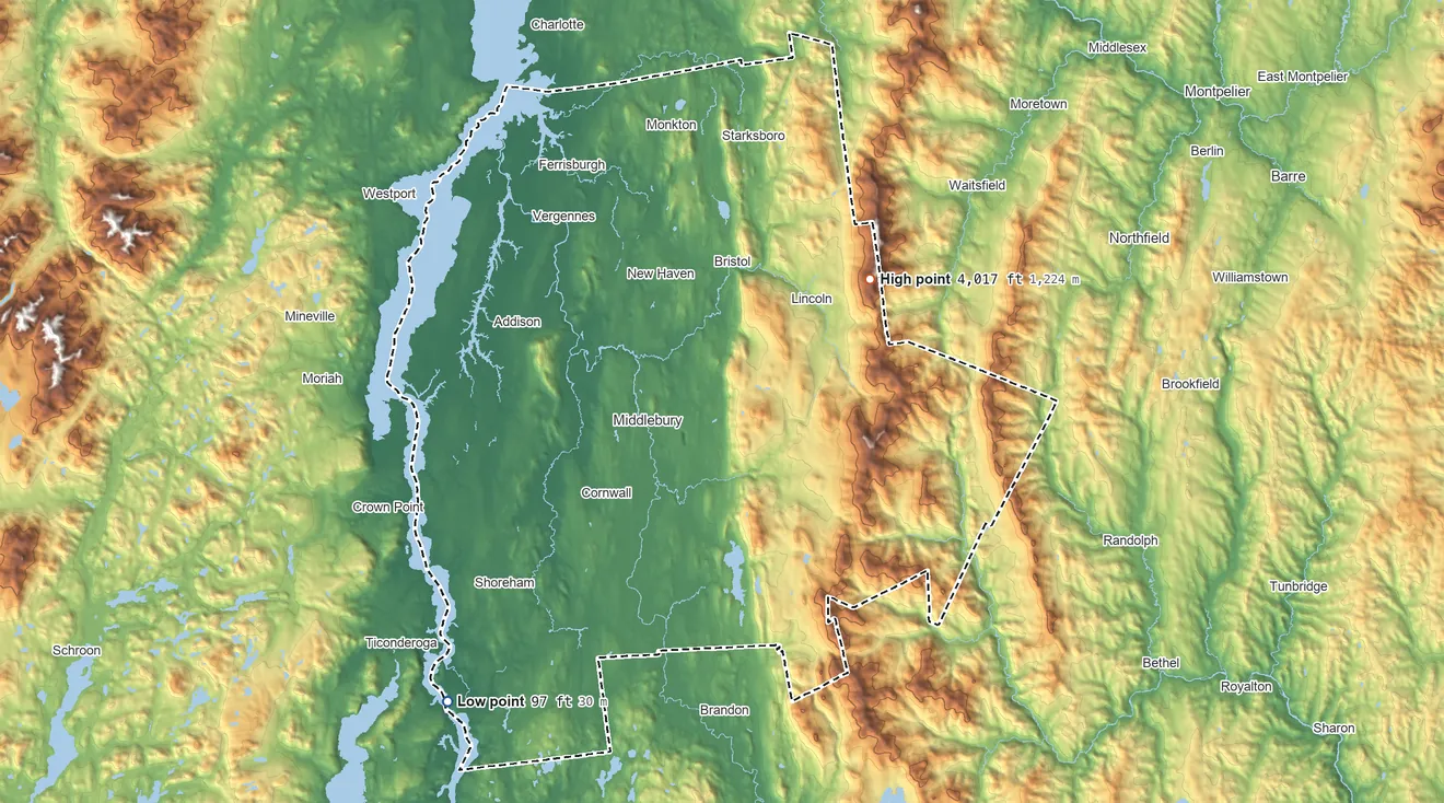Topographic elevation map of Addison County, Vermont, shaded from 97 ft on the southwest side to 4,017 ft on Mount Abraham
