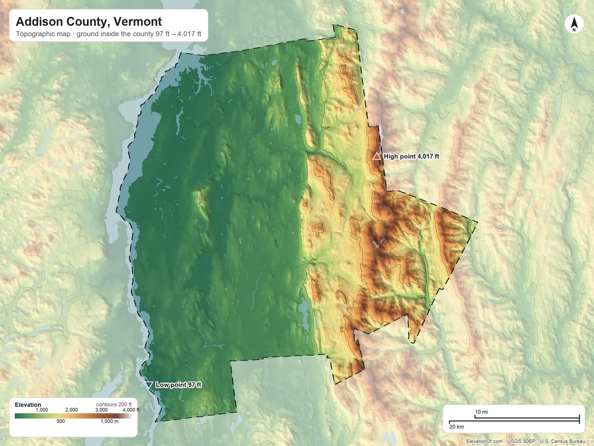 Topographic elevation map of Addison County, Vermont, shaded from 97 ft on the southwest side to 4,017 ft on Mount Abraham