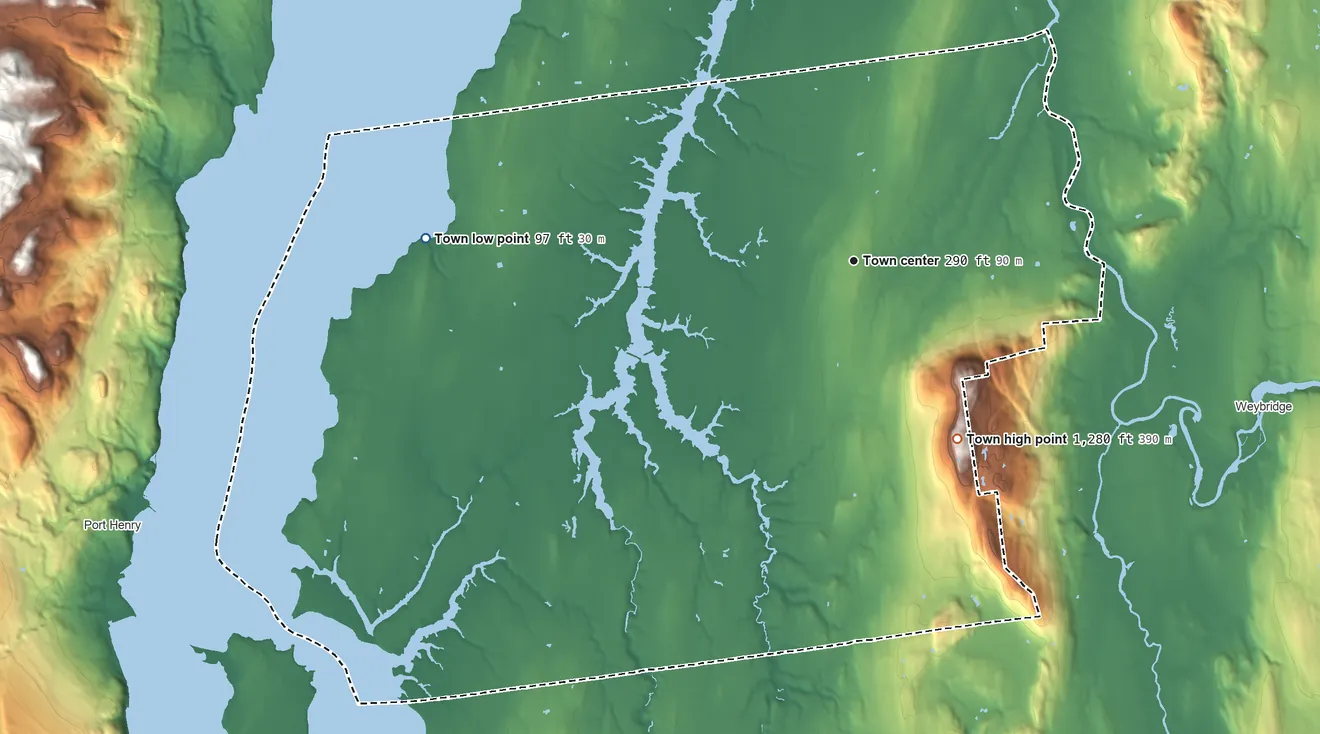 Topographic elevation map of Addison, Vermont, shaded from 97 ft on the west side to 1,280 ft on Snake Mountain
