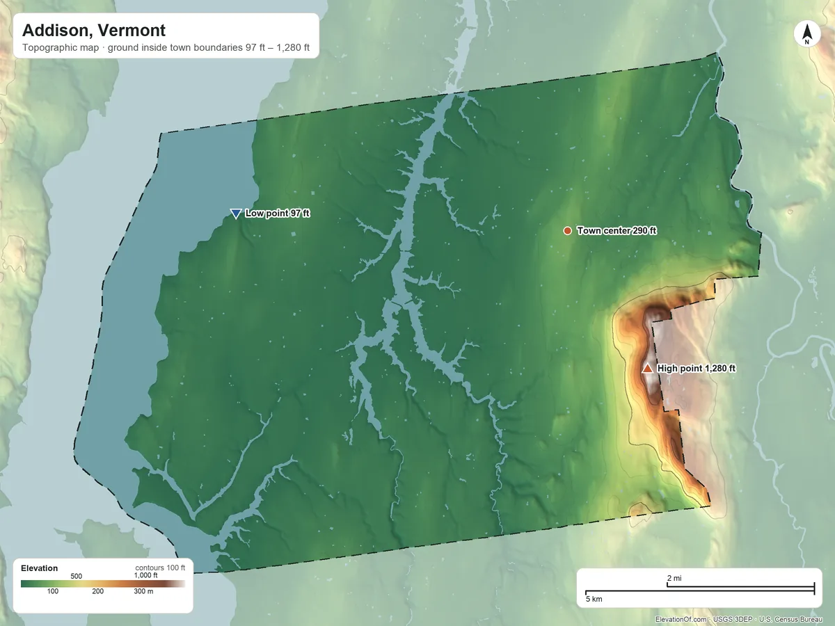 Topographic elevation map of Addison, Vermont, shaded from 97 ft on the west side to 1,280 ft on Snake Mountain