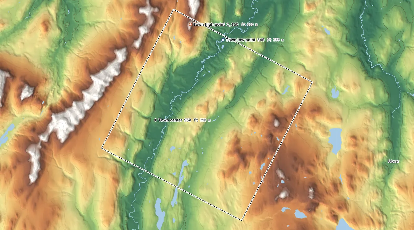 Topographic elevation map of Albany, Vermont, shaded from 840 ft on the northeast side to 2,160 ft on the north side