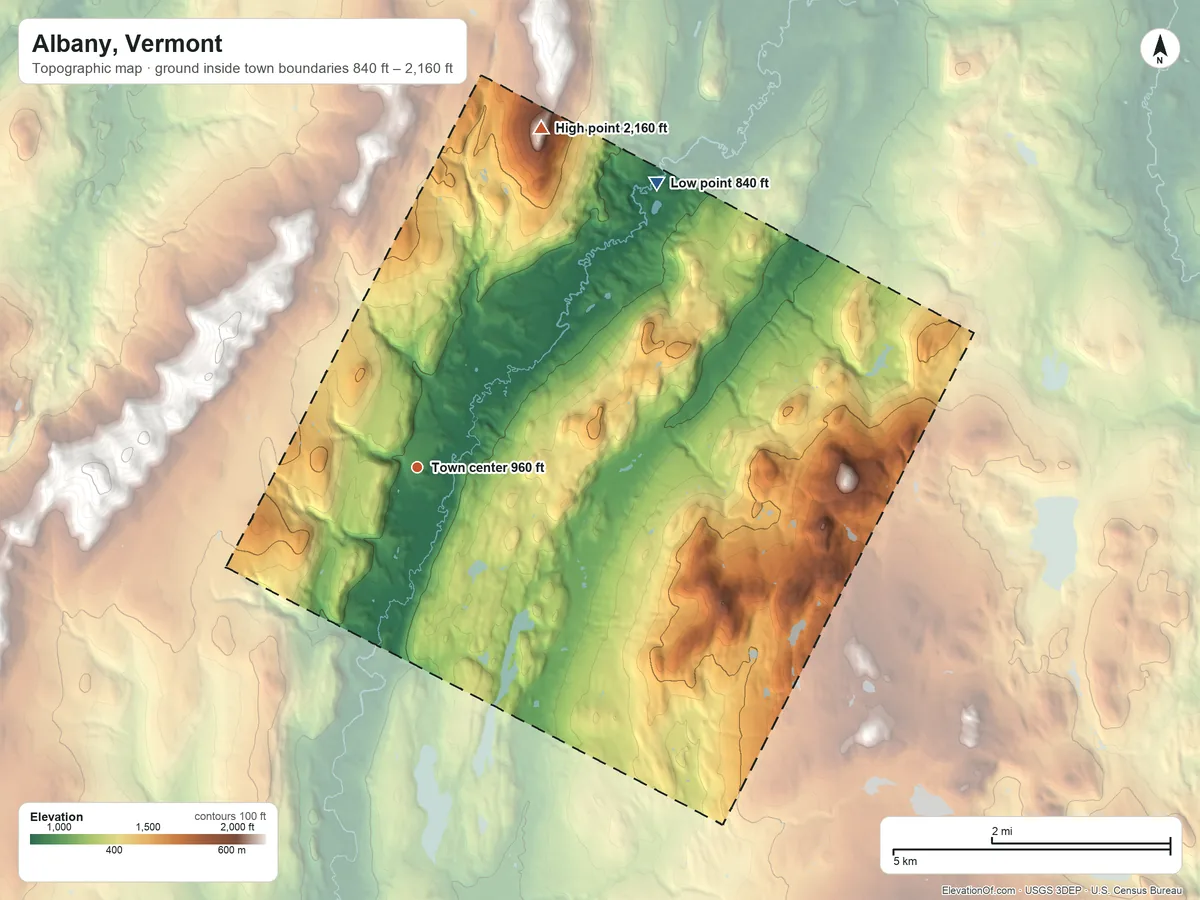 Topographic elevation map of Albany, Vermont, shaded from 840 ft on the northeast side to 2,160 ft on the north side