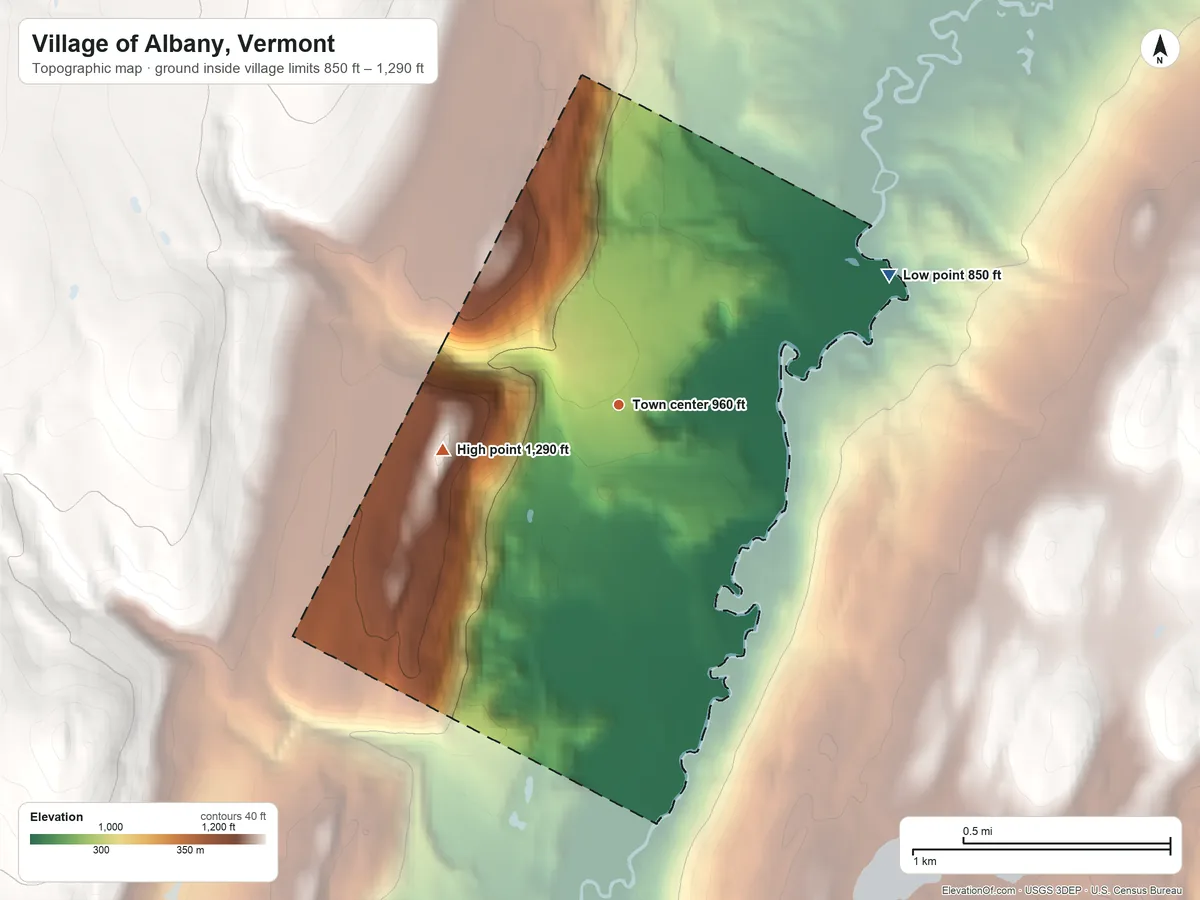 Topographic elevation map of Village of Albany, Vermont, shaded from 850 ft on the northeast side to 1,290 ft at the foot of the Lowell Mountains