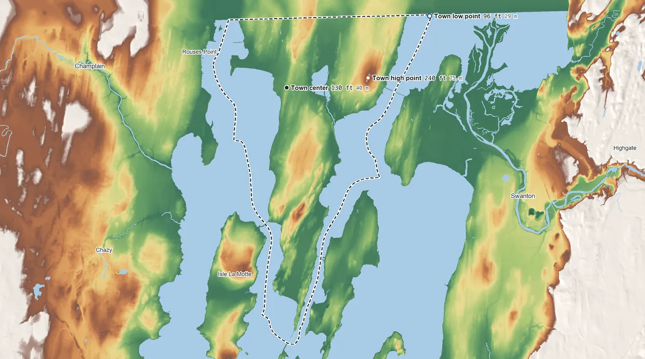 Topographic elevation map of Alburgh, Vermont, shaded from 96 ft on the northeast side to 240 ft on the east side