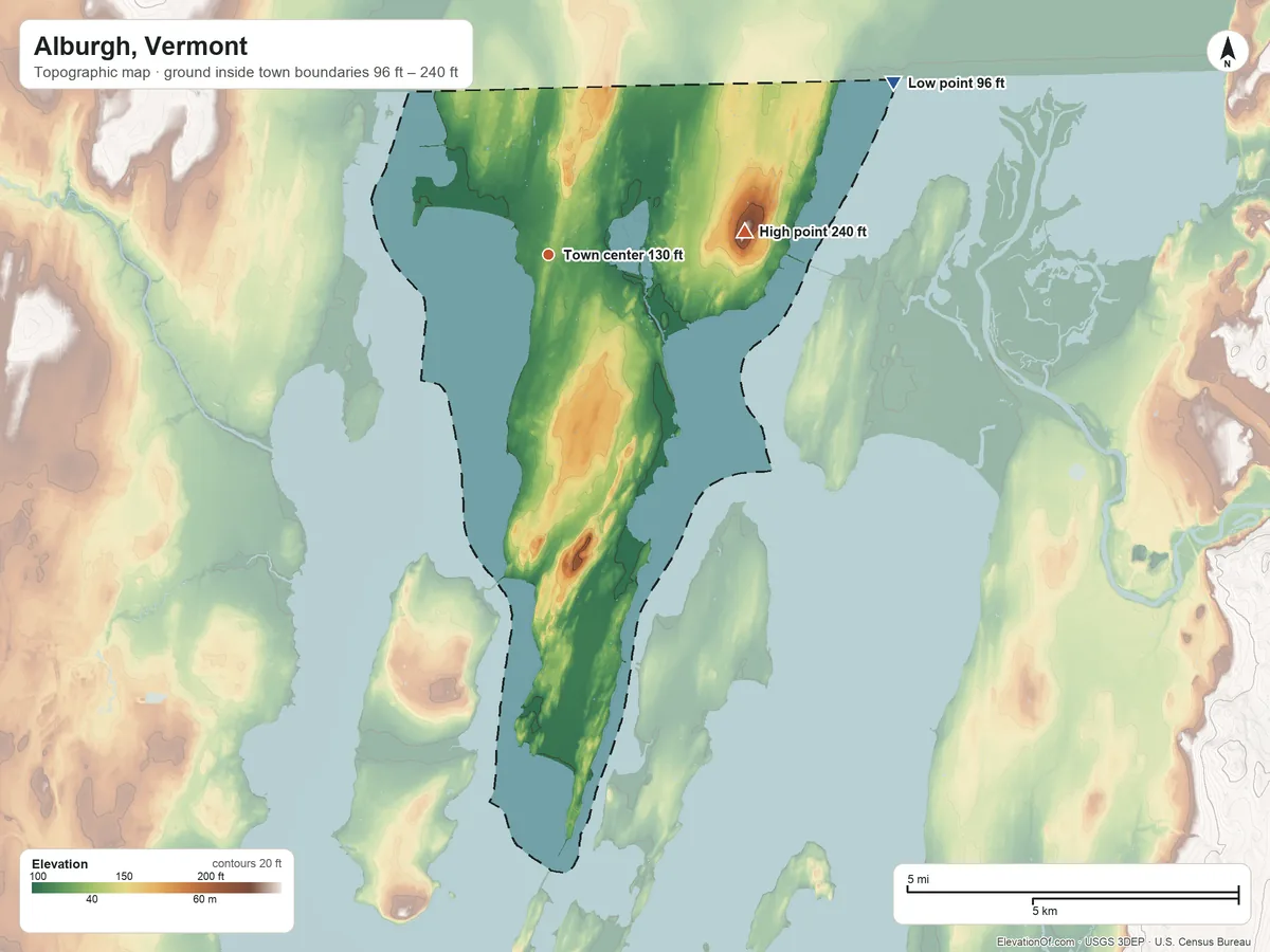 Topographic elevation map of Alburgh, Vermont, shaded from 96 ft on the northeast side to 240 ft on the east side