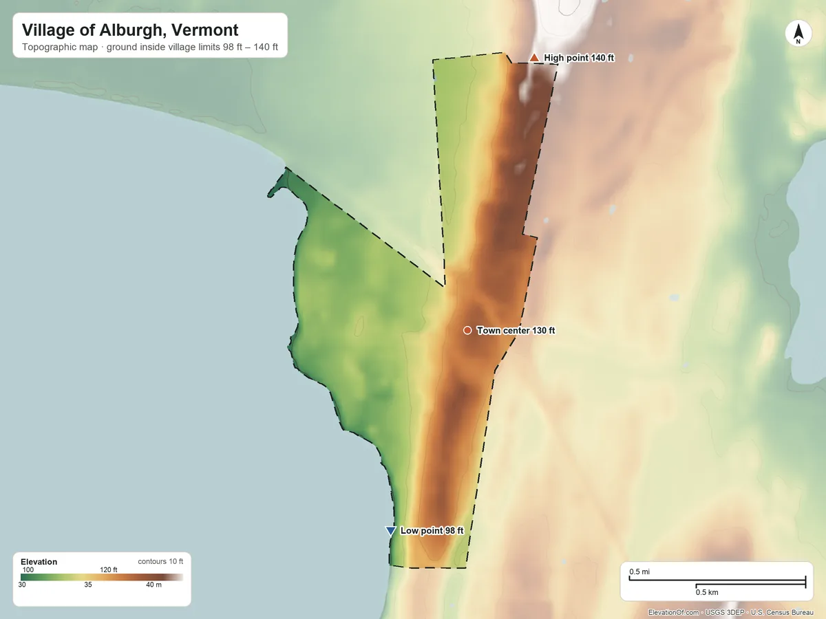 Topographic elevation map of Village of Alburgh, Vermont, shaded from 98 ft on the south side to 140 ft on the north side