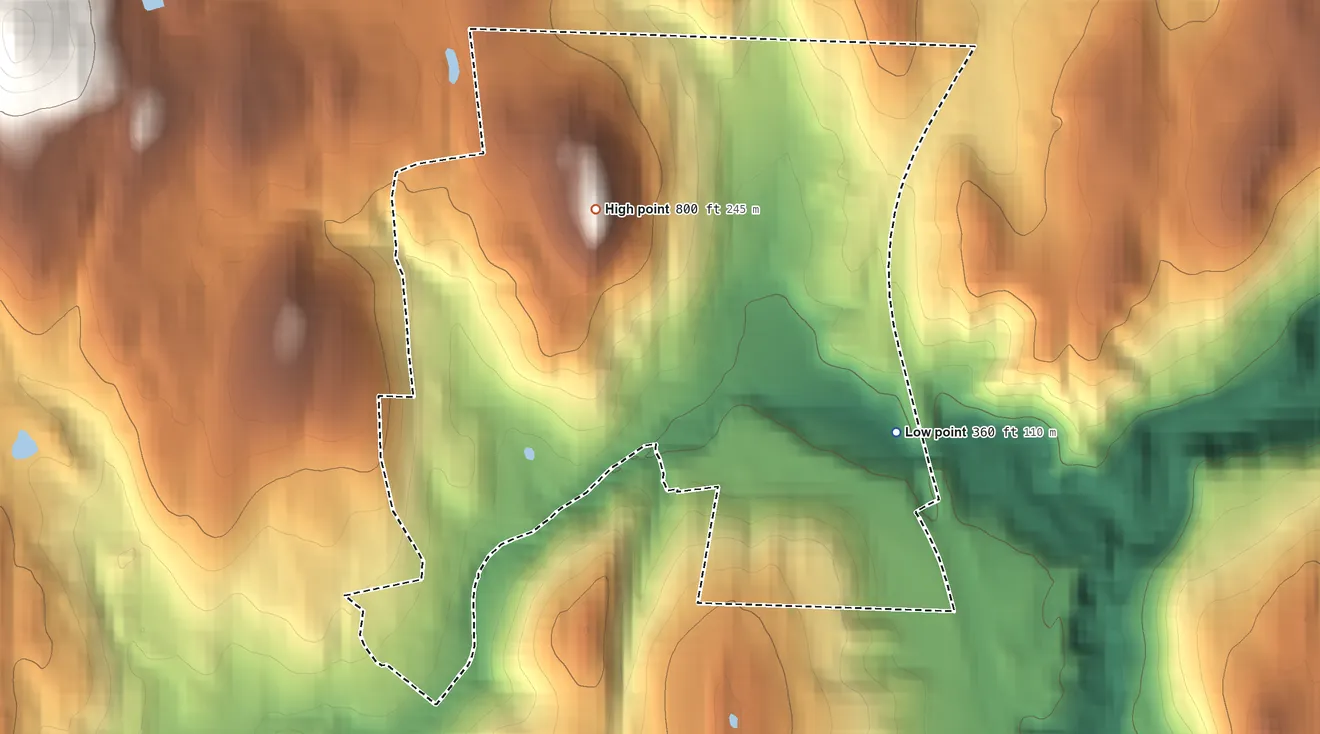 Topographic elevation map of Algiers, Vermont, shaded from 360 ft on the east side to 800 ft on the northwest side