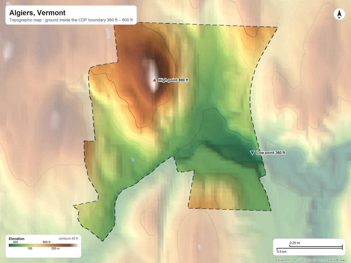 Topographic elevation map of Algiers, Vermont, shaded from 360 ft on the east side to 800 ft on the northwest side