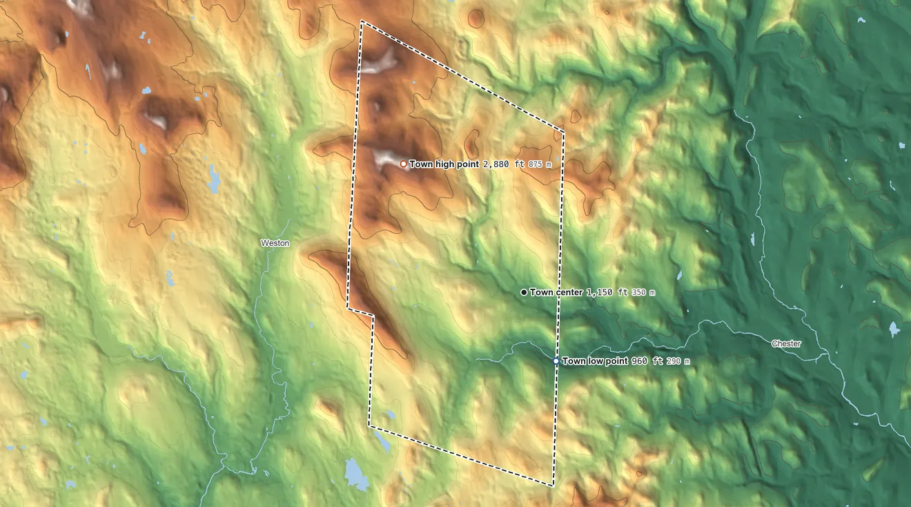 Topographic elevation map of Andover, Vermont, shaded from 960 ft on the southeast side to 2,880 ft on Terrible Mountain