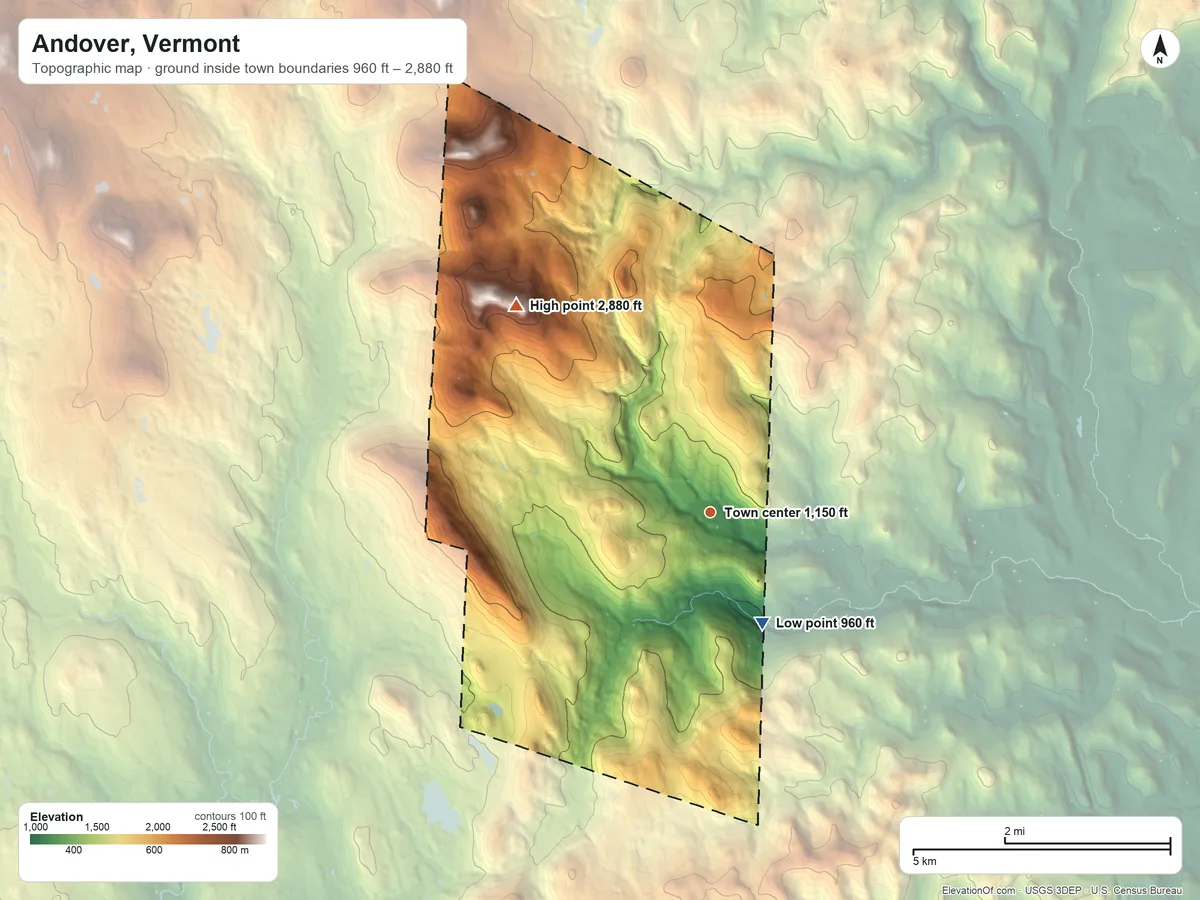 Topographic elevation map of Andover, Vermont, shaded from 960 ft on the southeast side to 2,880 ft on Terrible Mountain